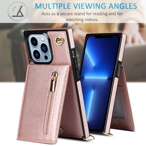 For iPhone 13 Pro Cross-body Zipper Square Phone Case with Holder (Rose Gold)