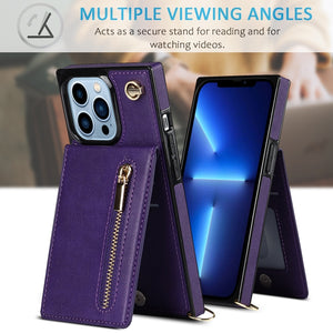 For iPhone 13 Pro Cross-body Zipper Square Phone Case with Holder (Purple)