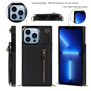 For iPhone 13 Pro Max Cross-body Zipper Square Phone Case with Holder (Black)