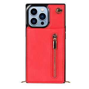 For iPhone 13 Pro Max Cross-body Zipper Square Phone Case with Holder (Red)