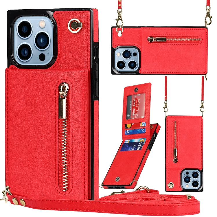 For iPhone 13 Pro Max Cross-body Zipper Square Phone Case with Holder (Red)