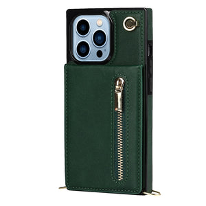 For iPhone 13 Pro Max Cross-body Zipper Square Phone Case with Holder (Green)