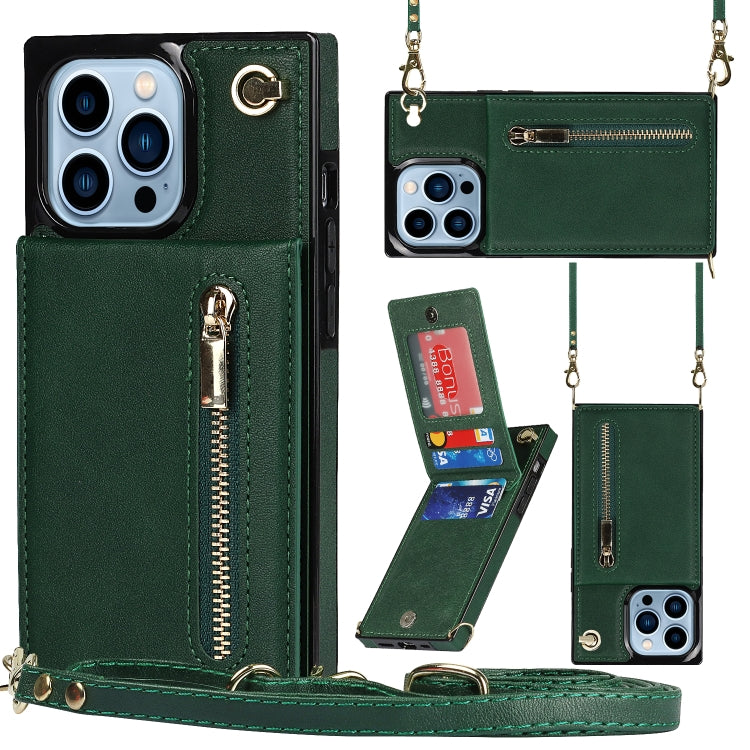 For iPhone 13 Pro Max Cross-body Zipper Square Phone Case with Holder (Green)