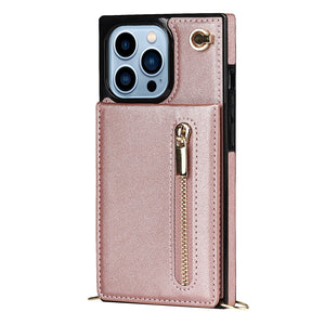 For iPhone 13 Pro Max Cross-body Zipper Square Phone Case with Holder (Rose Gold)