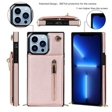 For iPhone 13 Pro Max Cross-body Zipper Square Phone Case with Holder (Rose Gold)