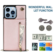 For iPhone 13 Pro Max Cross-body Zipper Square Phone Case with Holder (Rose Gold)