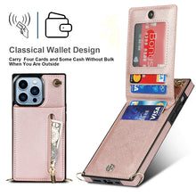 For iPhone 13 Pro Max Cross-body Zipper Square Phone Case with Holder (Rose Gold)