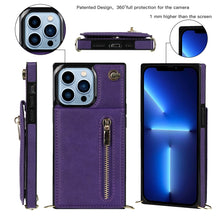 For iPhone 13 Pro Max Cross-body Zipper Square Phone Case with Holder (Purple)