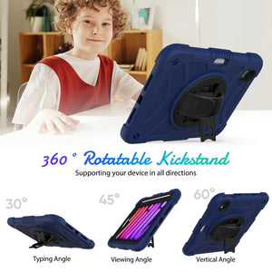 For iPad mini 6 Shockproof PC + Silicone Combination Tablet Case with Holder & Hand Strap & Shoulder Strap(Navy Blue)