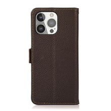 For iPhone 13 Pro KHAZNEH Side-Magnetic Litchi Genuine Leather RFID Case (Brown)