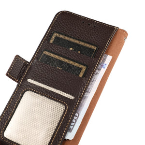 For iPhone 13 Pro KHAZNEH Side-Magnetic Litchi Genuine Leather RFID Case (Brown)