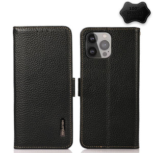 For iPhone 13 Pro Max KHAZNEH Side-Magnetic Litchi Genuine Leather RFID Case (Black)