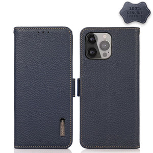 For iPhone 13 Pro Max KHAZNEH Side-Magnetic Litchi Genuine Leather RFID Case (Blue)