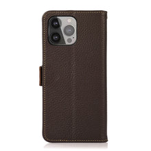For iPhone 13 Pro Max KHAZNEH Side-Magnetic Litchi Genuine Leather RFID Case (Brown)