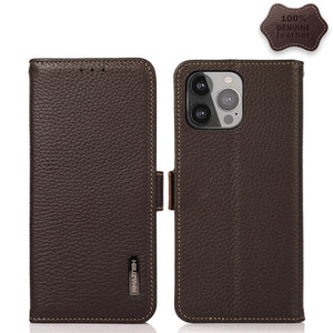 For iPhone 13 Pro Max KHAZNEH Side-Magnetic Litchi Genuine Leather RFID Case (Brown)