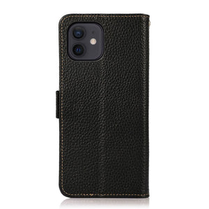 For iPhone 12 mini KHAZNEH Side-Magnetic Litchi Genuine Leather RFID Case (Black)