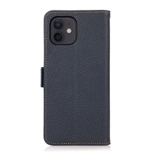 For iPhone 12 mini KHAZNEH Side-Magnetic Litchi Genuine Leather RFID Case (Blue)