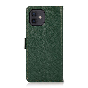 For iPhone 12 mini KHAZNEH Side-Magnetic Litchi Genuine Leather RFID Case (Green)