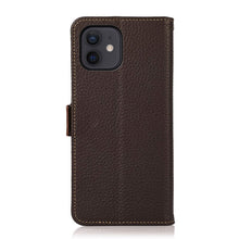 For iPhone 12 mini KHAZNEH Side-Magnetic Litchi Genuine Leather RFID Case (Brown)