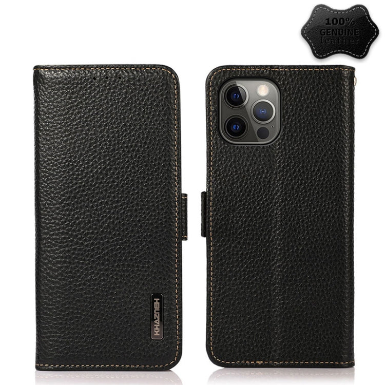 For iPhone 12 Pro Max KHAZNEH Side-Magnetic Litchi Genuine Leather RFID Case(Black)