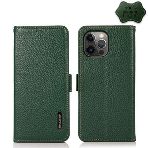 For iPhone 12 Pro Max KHAZNEH Side-Magnetic Litchi Genuine Leather RFID Case(Green)