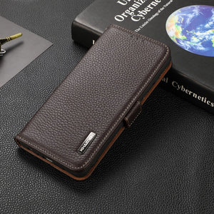 For iPhone 12 Pro Max KHAZNEH Side-Magnetic Litchi Genuine Leather RFID Case(Brown)