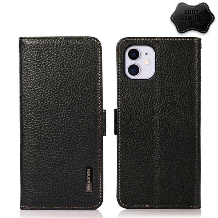 For iPhone 11 KHAZNEH Side-Magnetic Litchi Genuine Leather RFID Case (Black)
