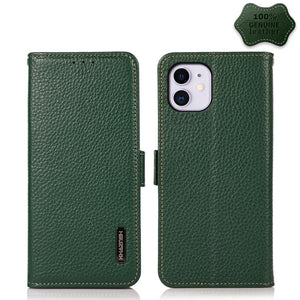 For iPhone 11 KHAZNEH Side-Magnetic Litchi Genuine Leather RFID Case (Green)