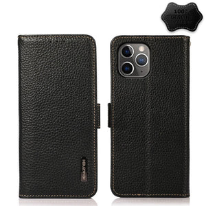 For iPhone 11 Pro KHAZNEH Side-Magnetic Litchi Genuine Leather RFID Case (Black)