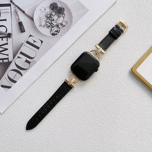 D-shaped Steel + Genuine Leather Watch Band For Apple Watch Series 8&7 41mm / SE 2&6&SE&5&4 40mm / 3&2&1 38mm(Gold + Black)