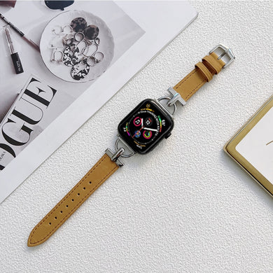 D-shaped Steel + Genuine Leather Watch Band For Apple Watch Ultra 49mm / Series 8&7 45mm / SE 2&6&SE&5&4 44mm / 3&2&1 42mm(Silver + Brown)