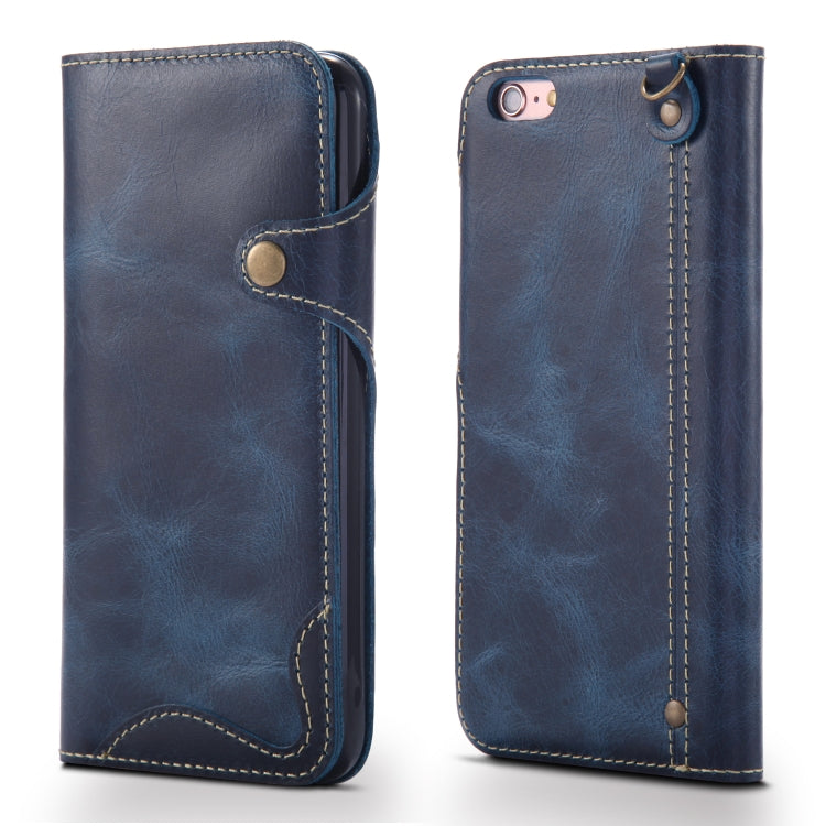 For iPhone 7 / 8 Denior Oil Wax Cowhide Magnetic Button Horizontal Flip Leather Case with Card Slots & Wallet(Dark Blue)