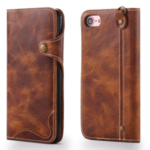 For iPhone 7 / 8 Denior Oil Wax Cowhide Magnetic Button Horizontal Flip Leather Case with Card Slots & Wallet(Brown)