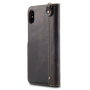 For iPhone X / XS Denior Oil Wax Cowhide Magnetic Button Horizontal Flip Leather Case with Card Slots & Wallet(Black)