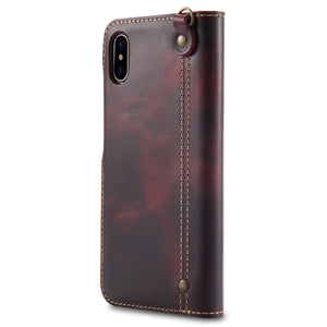 For iPhone X / XS Denior Oil Wax Cowhide Magnetic Button Horizontal Flip Leather Case with Card Slots & Wallet(Dark Red)