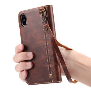 For iPhone X / XS Denior Oil Wax Cowhide Magnetic Button Horizontal Flip Leather Case with Card Slots & Wallet(Dark Red)