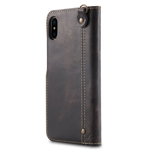 For iPhone XS Max Denior Oil Wax Cowhide Magnetic Button Horizontal Flip Leather Case with Card Slots & Wallet(Black)