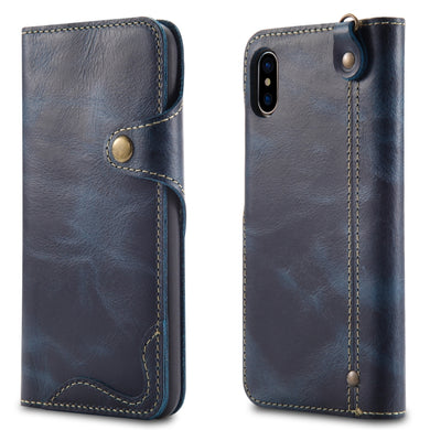 For iPhone XS Max Denior Oil Wax Cowhide Magnetic Button Horizontal Flip Leather Case with Card Slots & Wallet(Dark Blue)
