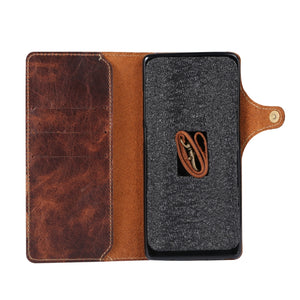 For iPhone XS Max Denior Oil Wax Cowhide Magnetic Button Horizontal Flip Leather Case with Card Slots & Wallet(Dark Blue)