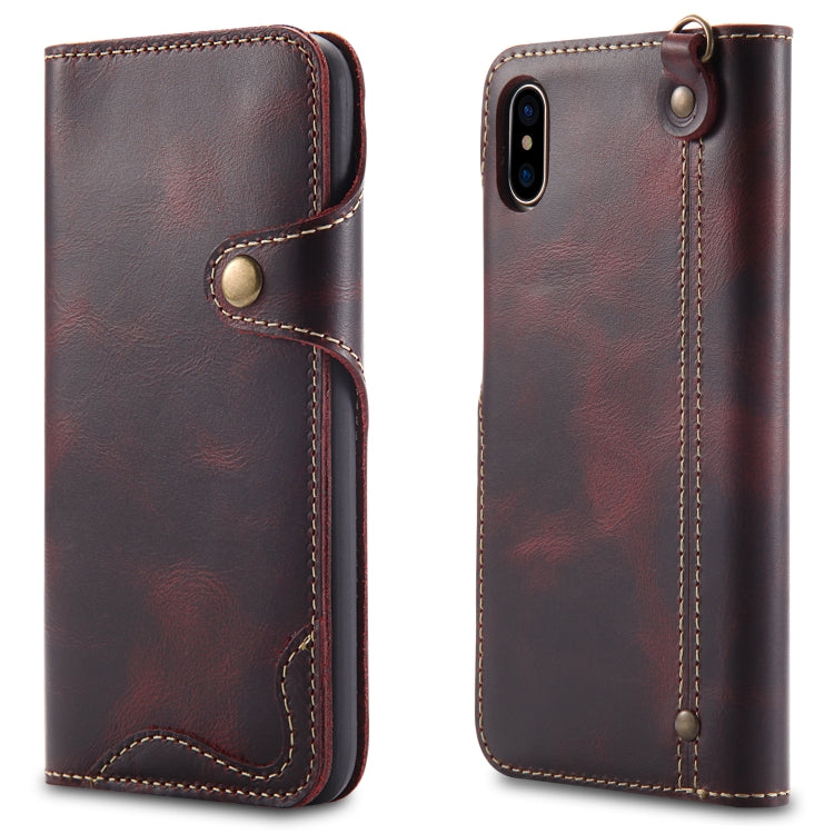 For iPhone XS Max Denior Oil Wax Cowhide Magnetic Button Horizontal Flip Leather Case with Card Slots & Wallet(Dark Red)
