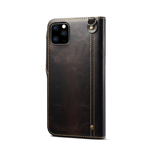 For iPhone 11 Pro Denior Oil Wax Cowhide Magnetic Button Horizontal Flip Leather Case with Card Slots & Wallet(Black)