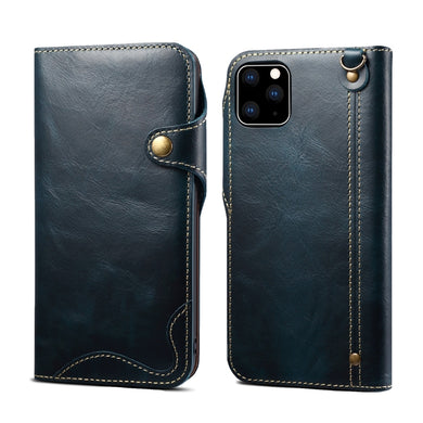For iPhone 11 Pro Denior Oil Wax Cowhide Magnetic Button Horizontal Flip Leather Case with Card Slots & Wallet(Dark Blue)