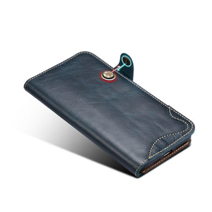 For iPhone 11 Pro Max Denior Oil Wax Cowhide Magnetic Button Horizontal Flip Leather Case with Card Slots & Wallet(Dark Blue)