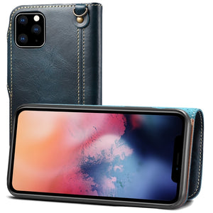 For iPhone 11 Pro Max Denior Oil Wax Cowhide Magnetic Button Horizontal Flip Leather Case with Card Slots & Wallet(Dark Blue)