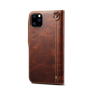 For iPhone 11 Pro Max Denior Oil Wax Cowhide Magnetic Button Horizontal Flip Leather Case with Card Slots & Wallet(Brown)