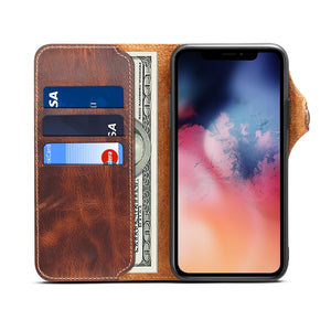 For iPhone 11 Pro Max Denior Oil Wax Cowhide Magnetic Button Horizontal Flip Leather Case with Card Slots & Wallet(Brown)