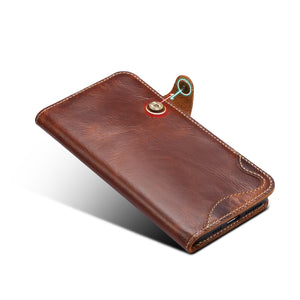 For iPhone 11 Pro Max Denior Oil Wax Cowhide Magnetic Button Horizontal Flip Leather Case with Card Slots & Wallet(Brown)