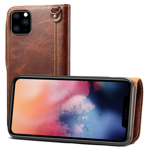 For iPhone 11 Pro Max Denior Oil Wax Cowhide Magnetic Button Horizontal Flip Leather Case with Card Slots & Wallet(Brown)