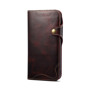 For iPhone 11 Pro Max Denior Oil Wax Cowhide Magnetic Button Horizontal Flip Leather Case with Card Slots & Wallet(Dark Red)