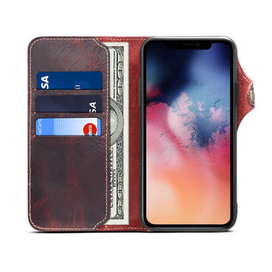 For iPhone 11 Pro Max Denior Oil Wax Cowhide Magnetic Button Horizontal Flip Leather Case with Card Slots & Wallet(Dark Red)